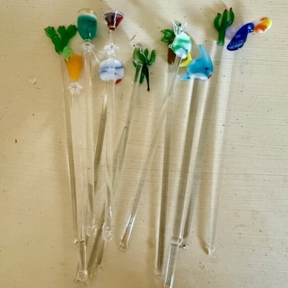 ANTIQUE VINTAGE BLOWN GLASS COCKTAIL SWIZZLE STIR STICKS - Picture 3 of 4